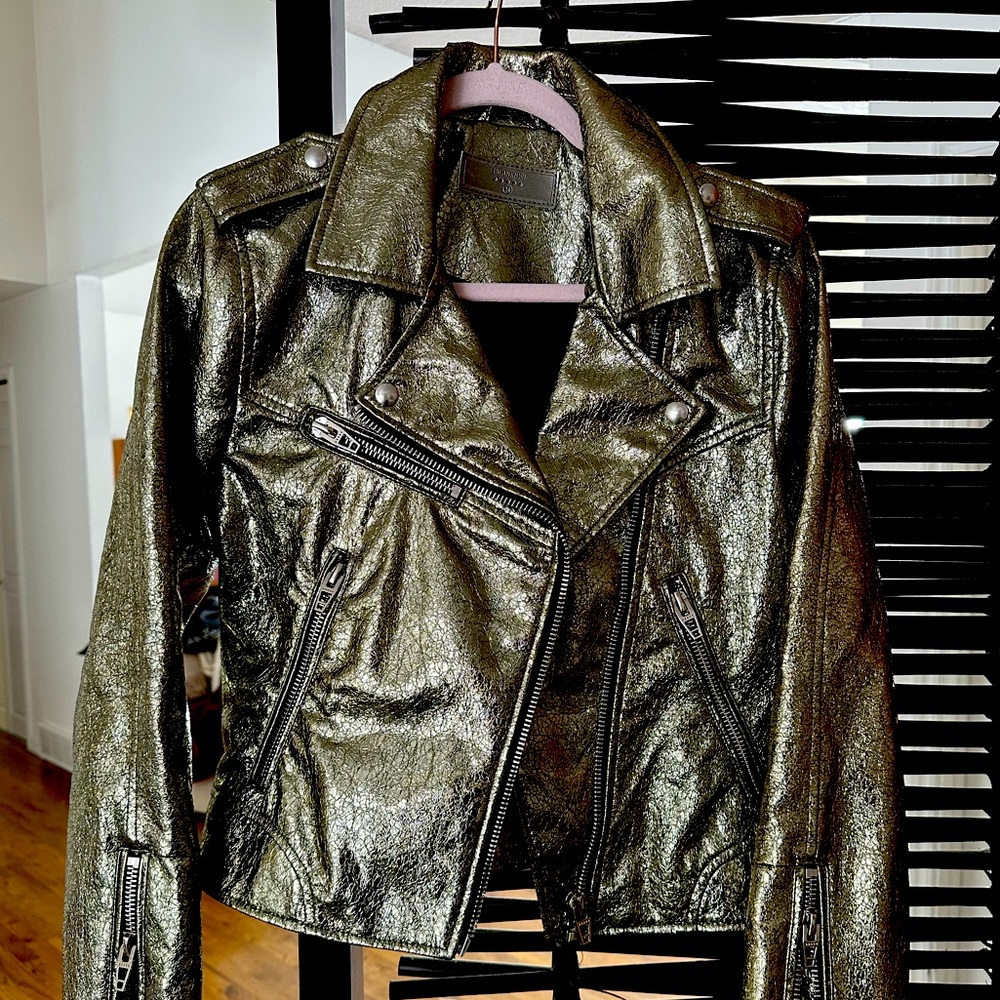 Silver/pewter metallic real leather moto jacket. Like new!